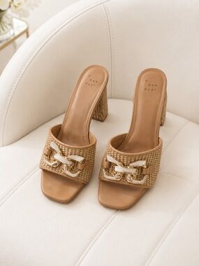 a new day Tan Woven Slide Mules with Gold Chain Trim